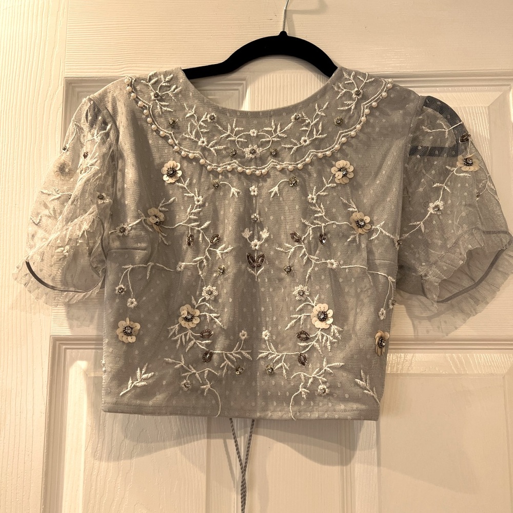 H&M Beaded and Embroidered Crop Blouse With Lace Up Back In Light Dusty Blue